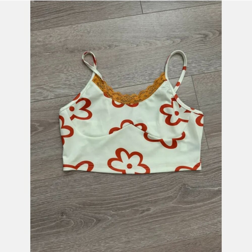 SHEIN Sz S Darling Crop Top Off White Satin w Orangey Flowers Print Lace Trim